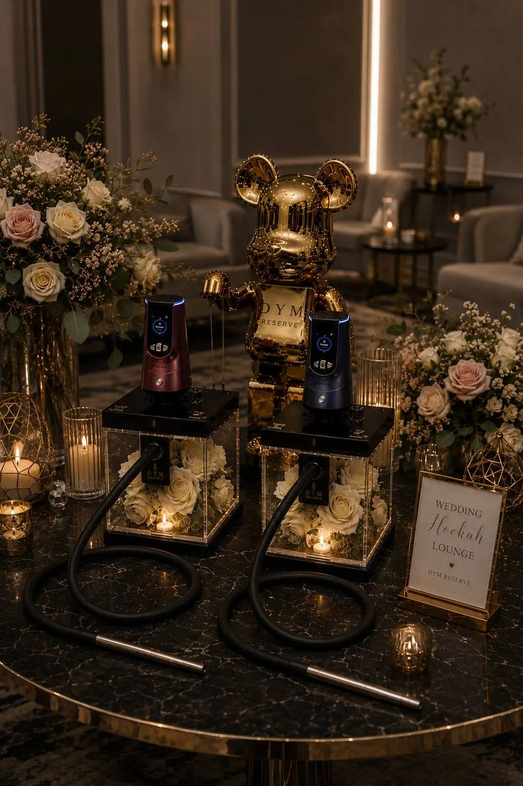 DYM Reserve wedding installation with a gold art figure and premium hookahs
